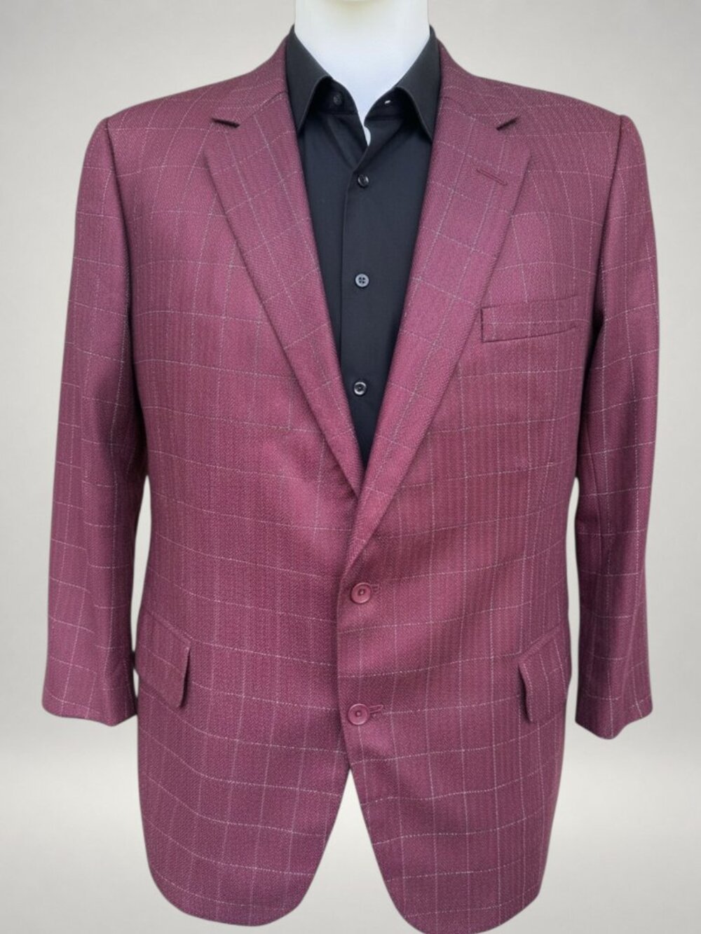 Vintage Bespoke Burgundy Windowpane Wool Sport Coat Blazer Men's 46R Hand Tailor